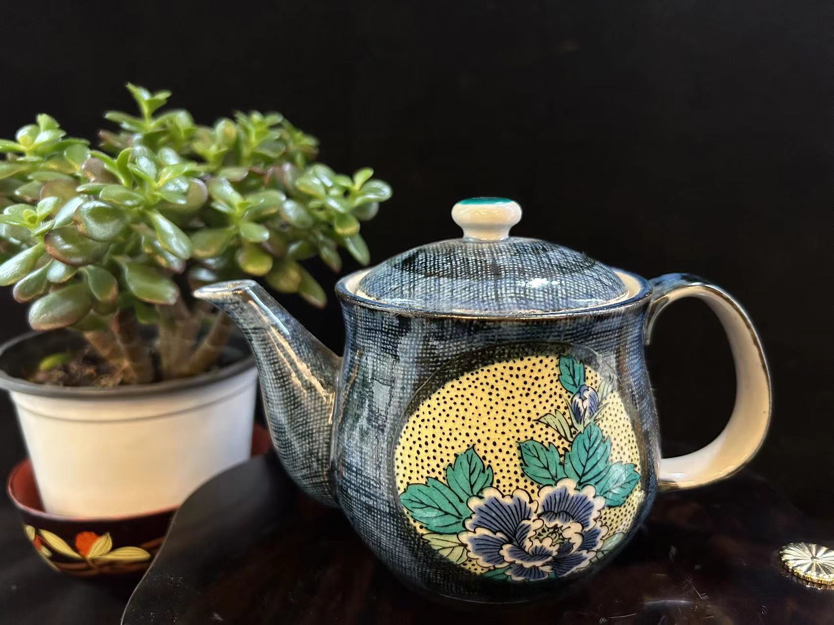 日本回流陶瓷九谷泉峰侧把急须茶壶茶具