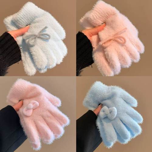 兔耳朵毛绒手套冬季保暖可爱猫耳朵学生骑行防寒加绒加厚分指手