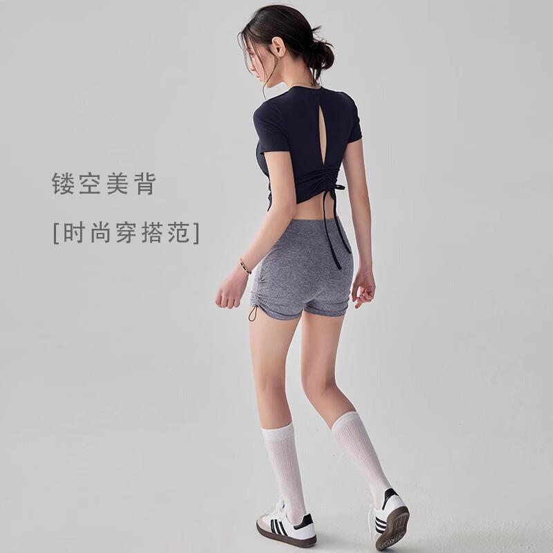 带胸垫瑜伽上衣短袖女2025新款抽绳普拉提训练服跑步运动健身t恤