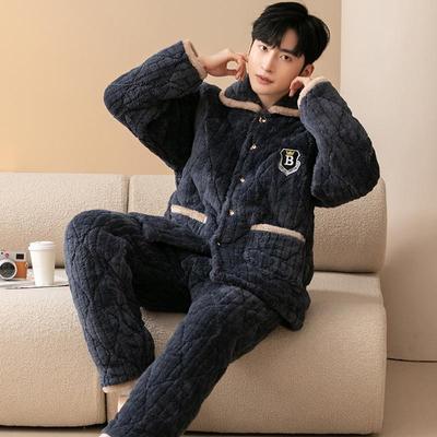 睡衣男款老年人加厚珊瑚绒保暖冬季三层夹棉爸爸老人家居服可外