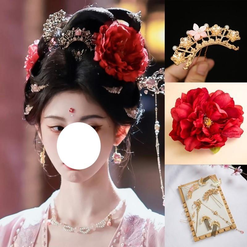 汉服绢花配饰发夹牡丹露珠古装仿真花朵头饰唐风后压明制古风发