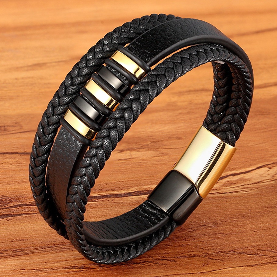 New 3 Layers Black Gold Punk Style Design Genuine Leather B
