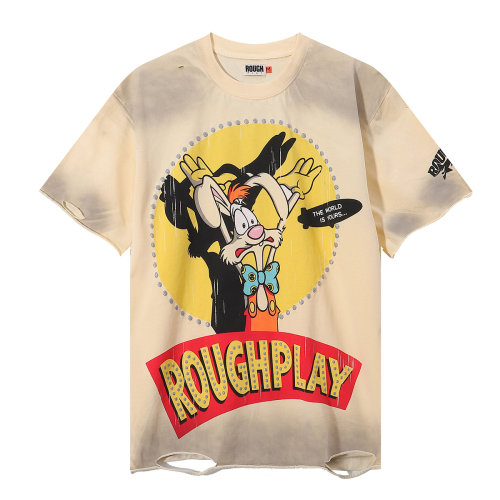 男女宽松做旧破洞纯棉圆领T恤上衣卡通风兔子印花短袖RoughPlay夏