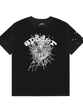 SP5DER蜘蛛网印花短袖T恤男女款宽松黑色高街潮流纯棉上衣T-shirt