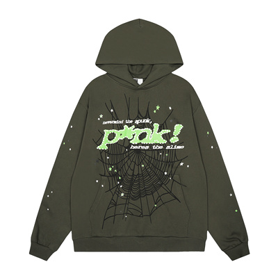 Sp5der美式嘻哈风蜘蛛网印花连帽卫衣男女情侣宽松帽衫毛圈军绿色