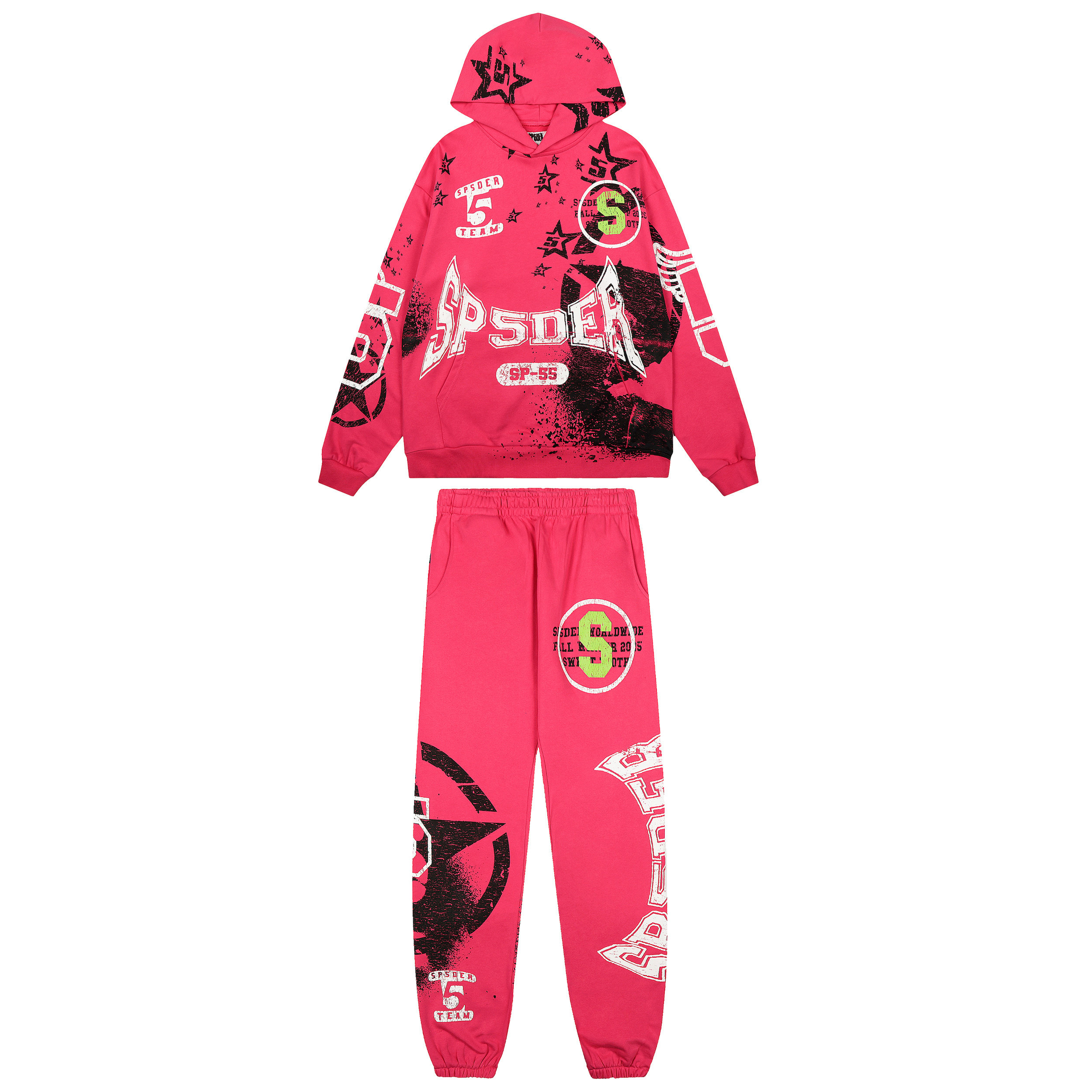 Sp5der高街风玫红色连帽卫衣套装男女款秋季字母印花运动服情侣装,男装,休闲运动套装,淘宝优惠券,粉丝福利购,淘宝优惠卷