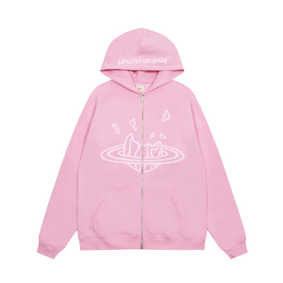 潮牌印花连帽开衫卫衣Brokenplanet男女加绒拉链外套粉色休闲上衣