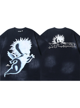 欧美嘻哈风地狱之星洗水做旧磨破美潮印花短袖T恤男女宽松上衣潮