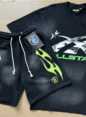 嘻哈风字母印花短袖T恤运动套装男女宽松五分裤洗水做旧潮牌夏季