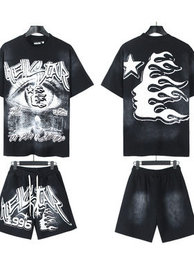 美式嘻哈风涂鸦印花短袖T恤套装男女青少年摇滚运动穿搭夏五分裤