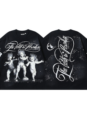 地狱之星美式嘻哈风天使小孩印花短袖T恤男女宽松水洗做旧潮牌夏