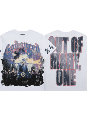 godspeed美式嘻哈风骷髅头印花短袖T恤男女宽松潮牌做旧白色上衣