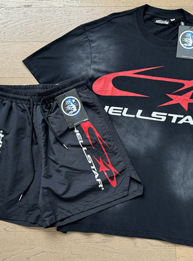 地狱之星洗水复古美潮字母印花短袖T恤五分裤套装男女青少年短裤