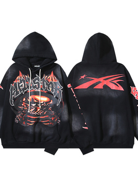 高街复古连帽卫衣男女同款骷髅火焰印花洗水黑潮牌套头毛圈布上衣
