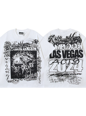 夏季街头风涂鸦字母短袖T恤男女通用宽松纯棉白色VINTAGE潮流上衣