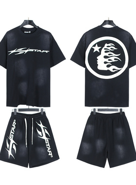 街头运动风印花短袖T恤套装男女青少年宽松休闲两件套五分裤夏季