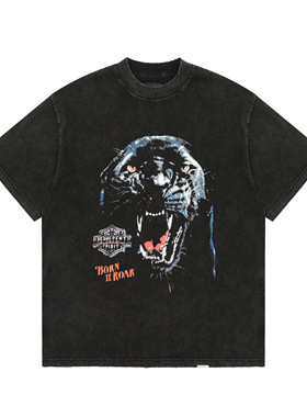 欧美REPRESENT高街风黑豹印花短袖T恤男女款宽松水洗做旧纯棉上衣