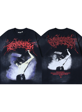 地狱之星美式风字母印花短袖T恤男女宽松水洗做旧高街摇滚情侣装