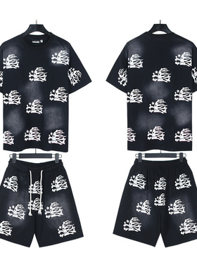 重磅美潮骷髅头印花短袖T恤套装男女夏季潮流宽松运动穿搭五分裤