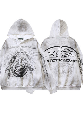 美式高街风YoungThug字母印花连帽卫衣男女宽松水洗做旧套头上衣