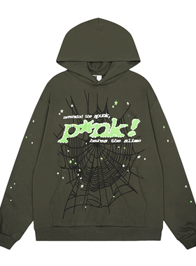美潮Sp5der街头蜘蛛网字母印花连帽卫衣男女款军绿色套头帽衫纯棉