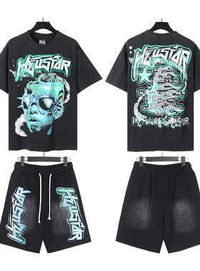 地狱之星嘻哈潮牌短袖T恤套装男青少年夏宽松摇滚高街风运动短裤