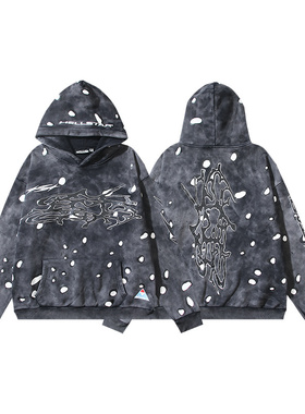 重磅高街风地狱之星水洗做旧男女款印花连帽卫衣男女宽松潮牌外套