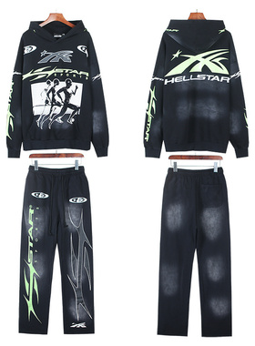 美式高街字母印花洗水做旧连帽卫衣套装citywalk男女宽松休闲潮酷