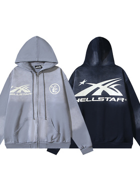 美式风地狱之星泼墨洗水做旧毛圈连帽卫衣拉链外套男女款宽松开衫