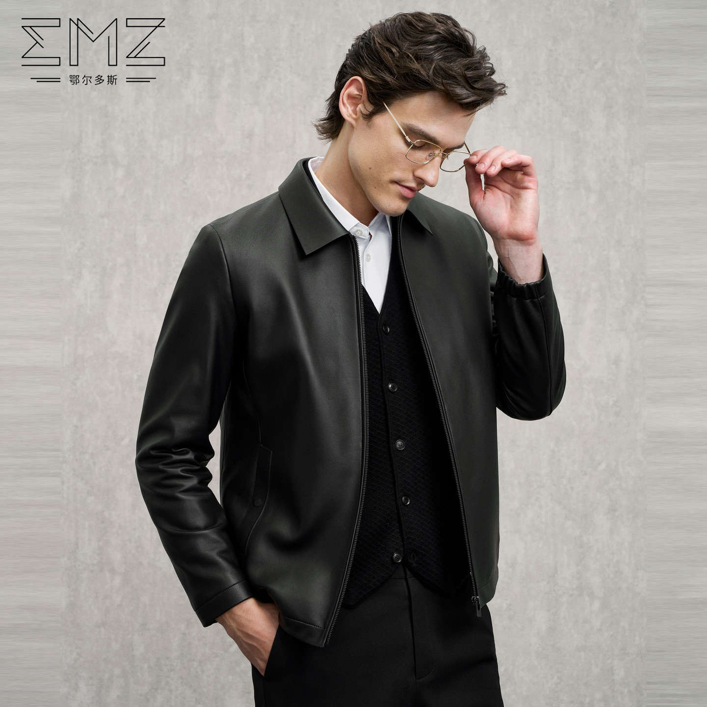 EMZ鄂尔多斯【绵羊皮 鹅绒内胆】男士皮衣25新款翻领保暖加厚外套