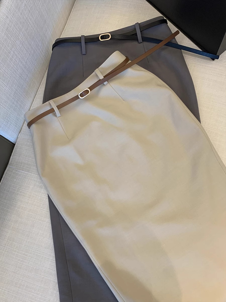 灰色西装半身裙女夏季薄款小个子高腰a字中长款直筒开叉包臀裙子
