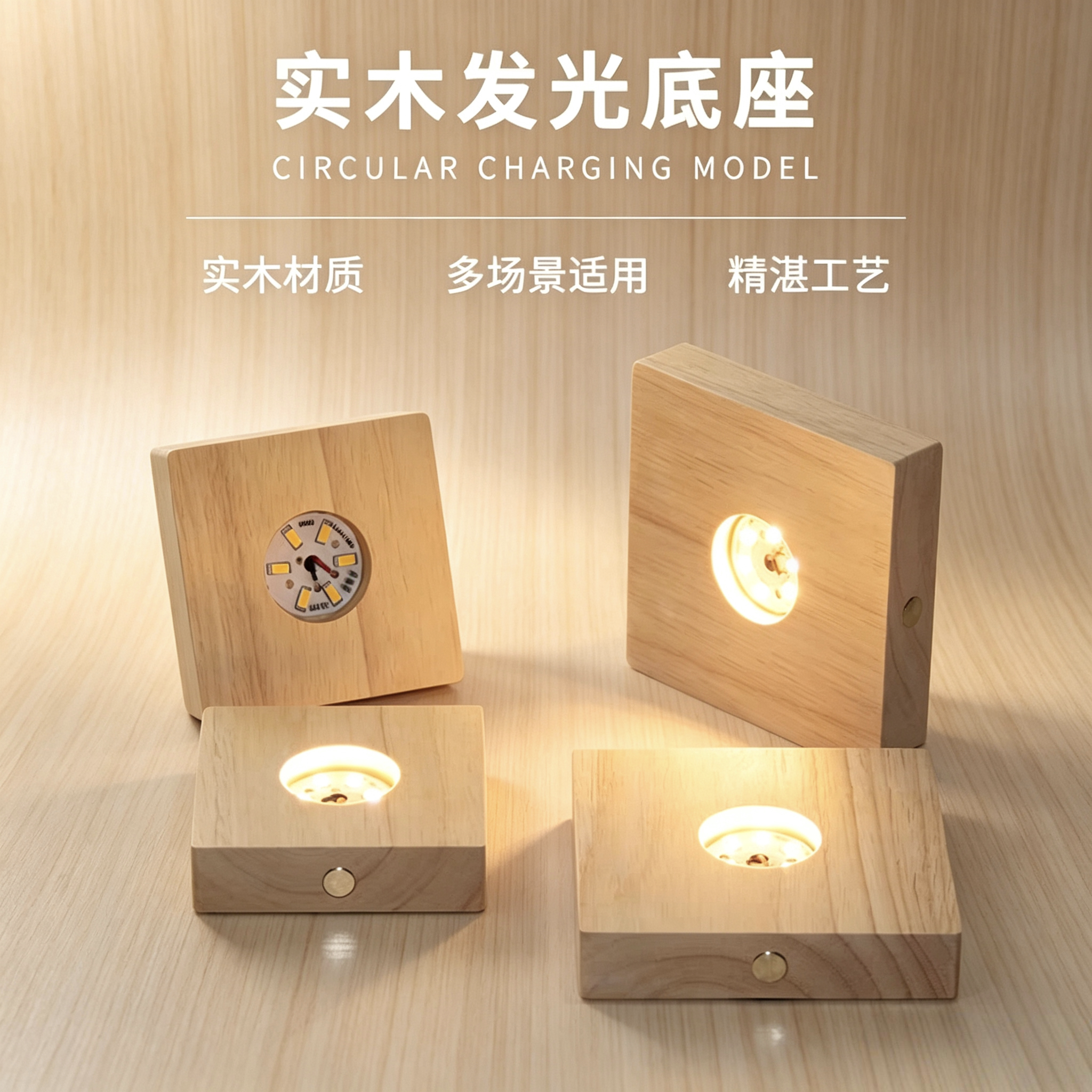 方形实木发光底座LED小夜灯USB孔图片