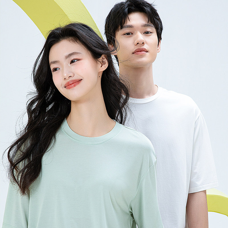 内茵情侣睡衣女夏季带胸垫薄款短袖可外穿大码冰丝男士家居服套装