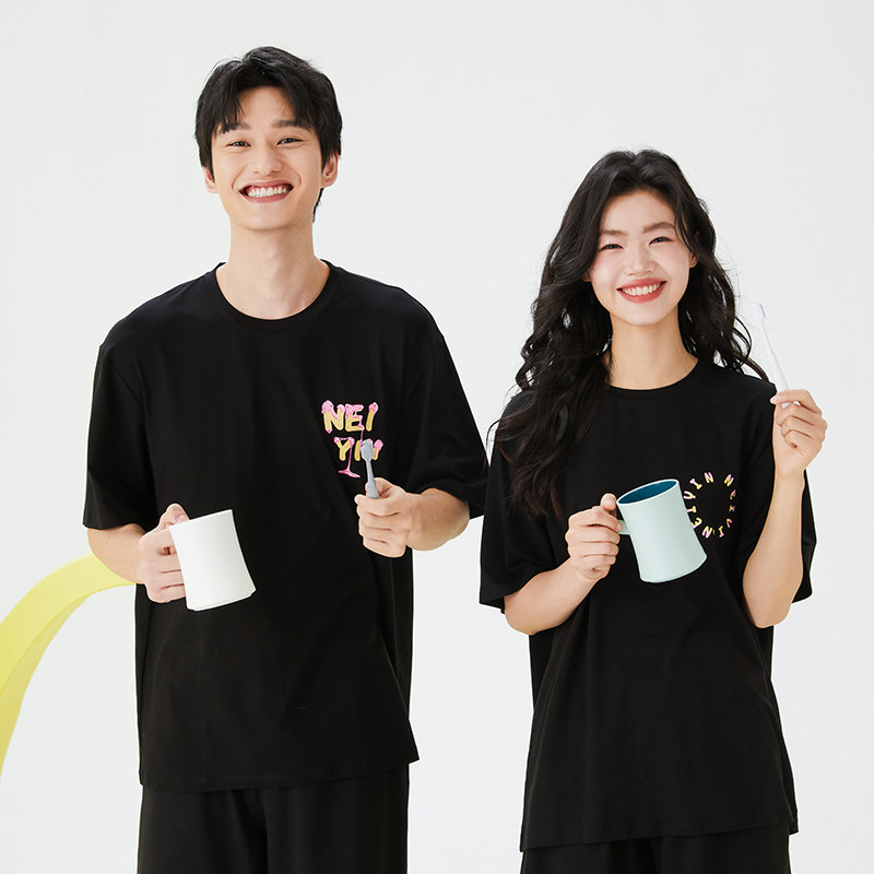 内茵情侣睡衣女夏季带胸垫薄款短袖可外穿大码冰丝男士家居服套装