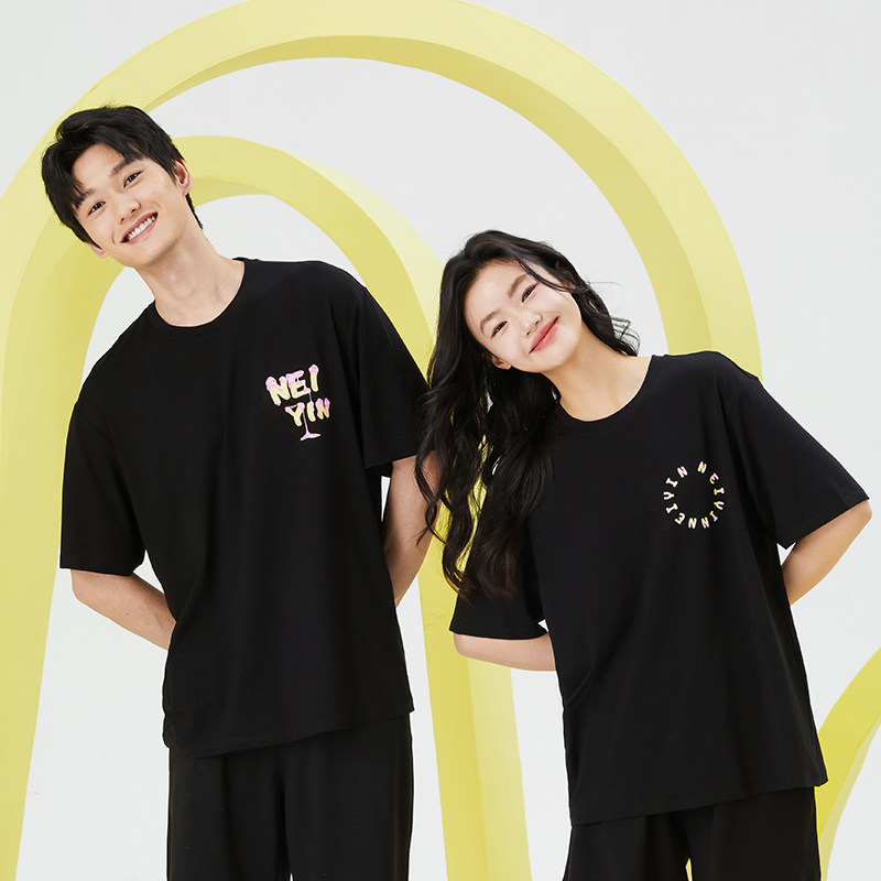 内茵情侣睡衣女夏季带胸垫薄款短袖可外穿大码冰丝男士家居服套装