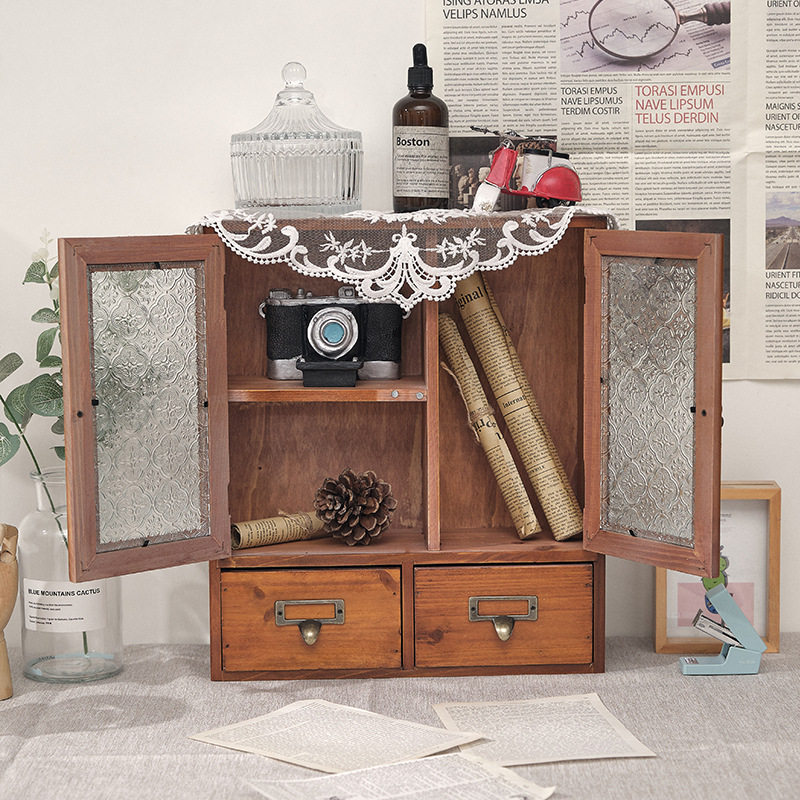 复古实木化妆品收纳盒办公室木质书桌防尘置物架香水茶具收纳柜