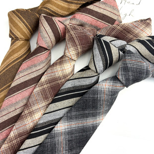 米色咖色卡其亚麻棉质领带条纹格子 哑光复古休闲英伦日系7CM小众