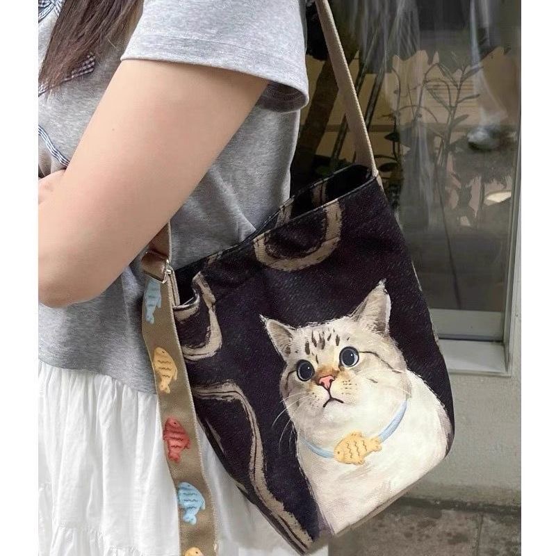 2025韩系慵懒风帆布包大容量松弛感帆布猫猫单肩斜挎包设计感小众