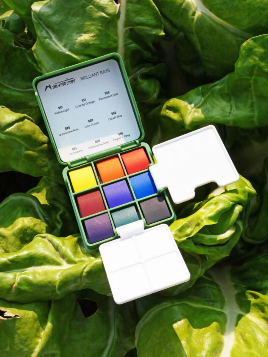 마티니 작은 녹색 상자 미니 여행 수채화 물감 세트 휴대용 상자 휴대용 투명 고체 수채화 물감 9 색 세트 분할 페인트 상자 손 계정 여행 스케치 그림 도구 세트