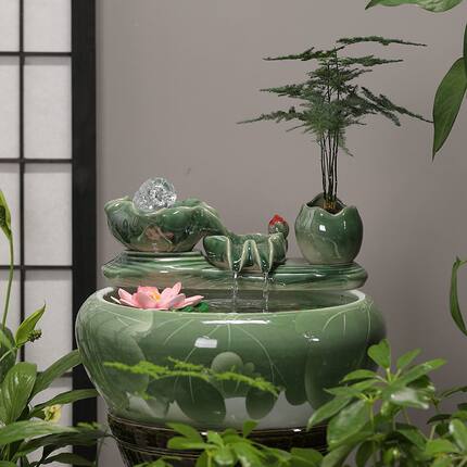 新中式陶瓷流水摆件桌面花园鱼缸招财摆件金鱼乌龟缸睡莲水仙景观