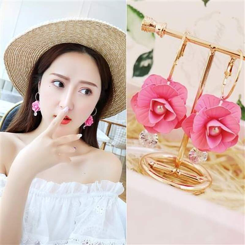 结婚耳环配敬酒服日韩气质饰品甜美可爱大圈圈花朵新娘粉色大红耳