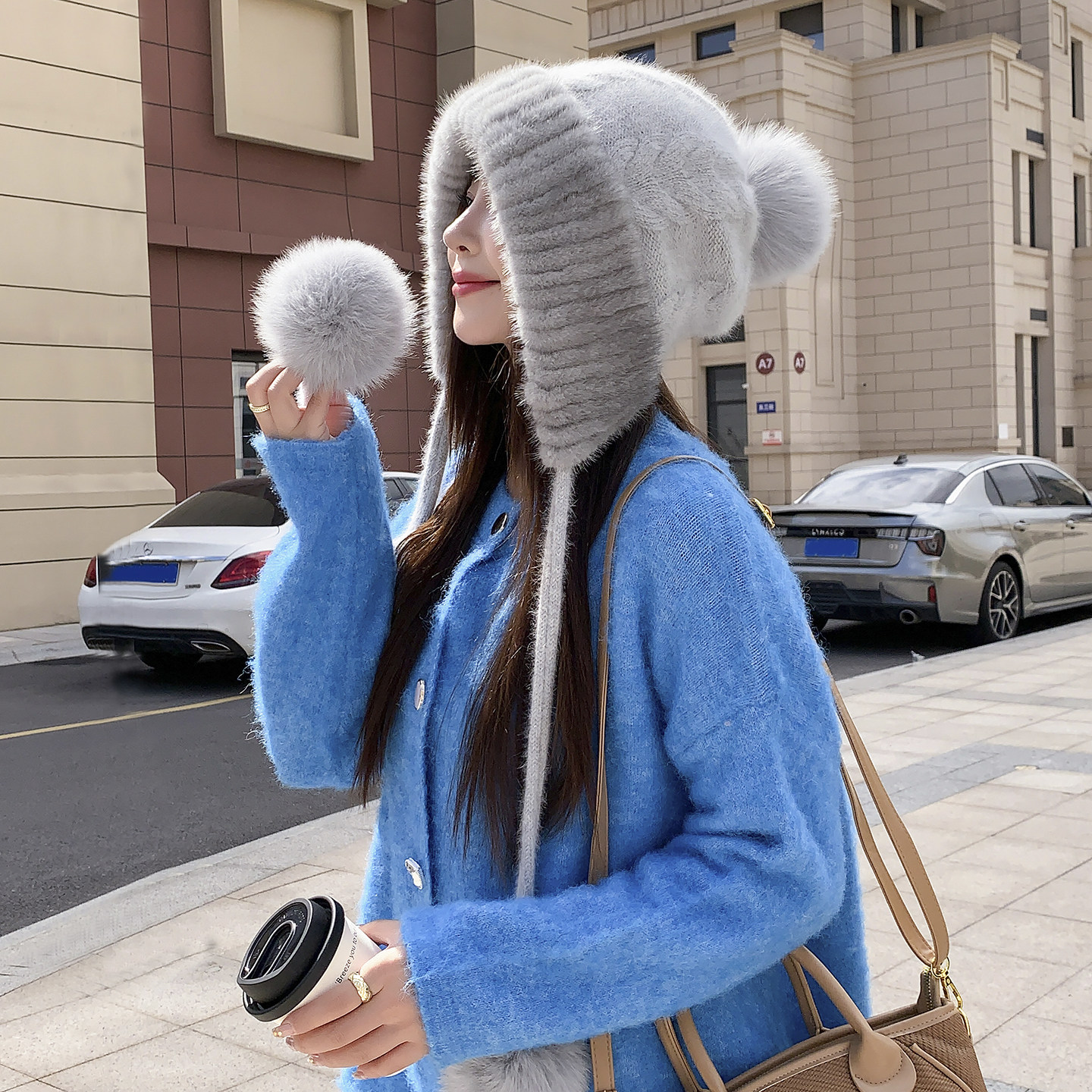 新款水貂毛围巾帽纯色女士秋冬天户外时尚保暖百搭皮草针织帽韩版
