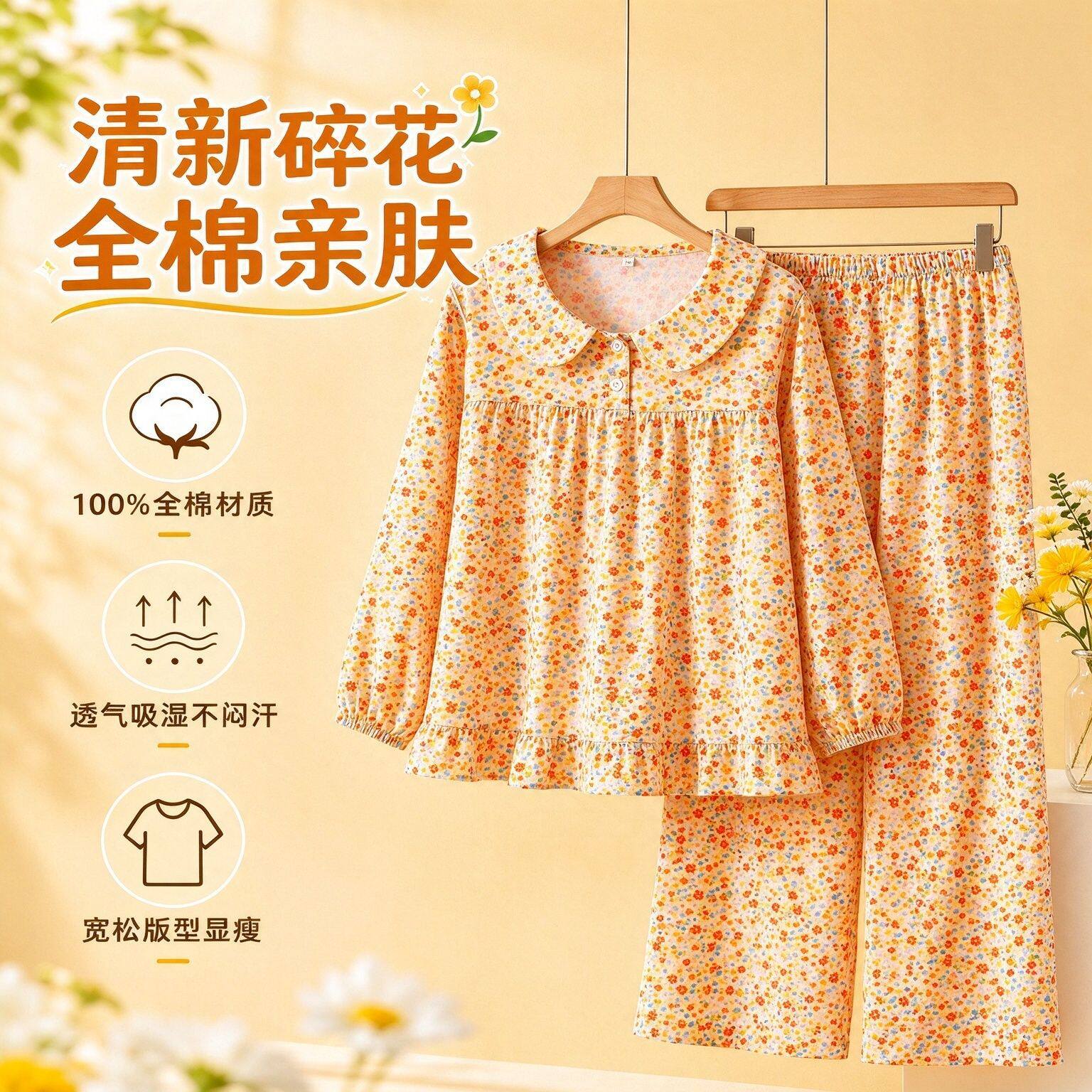 秋冬甜美小碎花全棉双层纱娃娃领长袖长裤可爱少女家居服a类睡衣