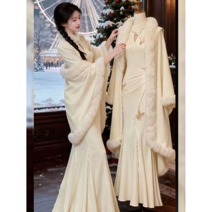 加绒加厚收腰鱼尾长裙 2025秋冬新款 新中式 气质国风旗袍连衣裙女装