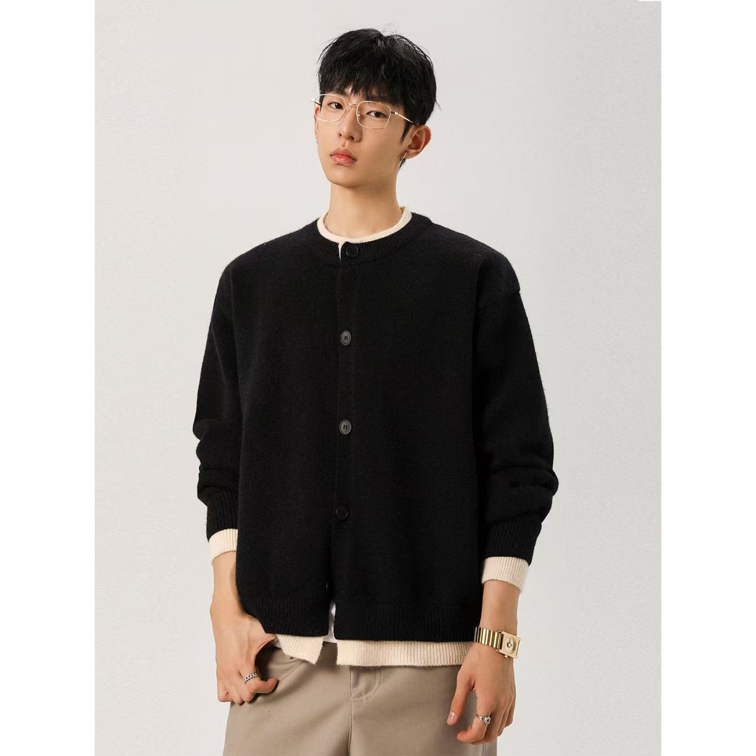 撞色拼接假两件开衫毛衣外套男