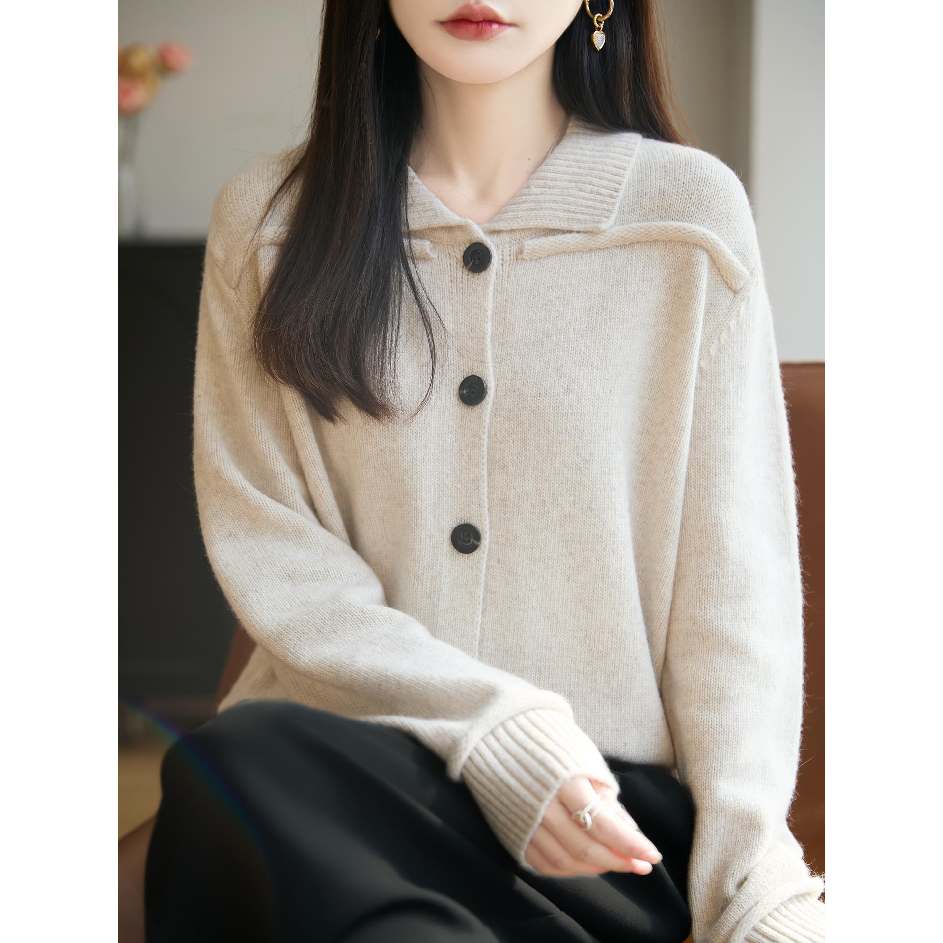 JOYIASS法式高端设计感翻领针织开衫女2025秋冬加厚保暖气质打底