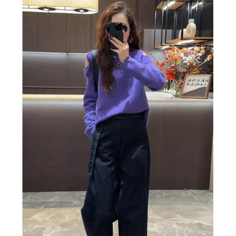 BLLOUKE小个子穿搭一整套女2024秋季新款露肩圆领针织衫高腰牛仔
