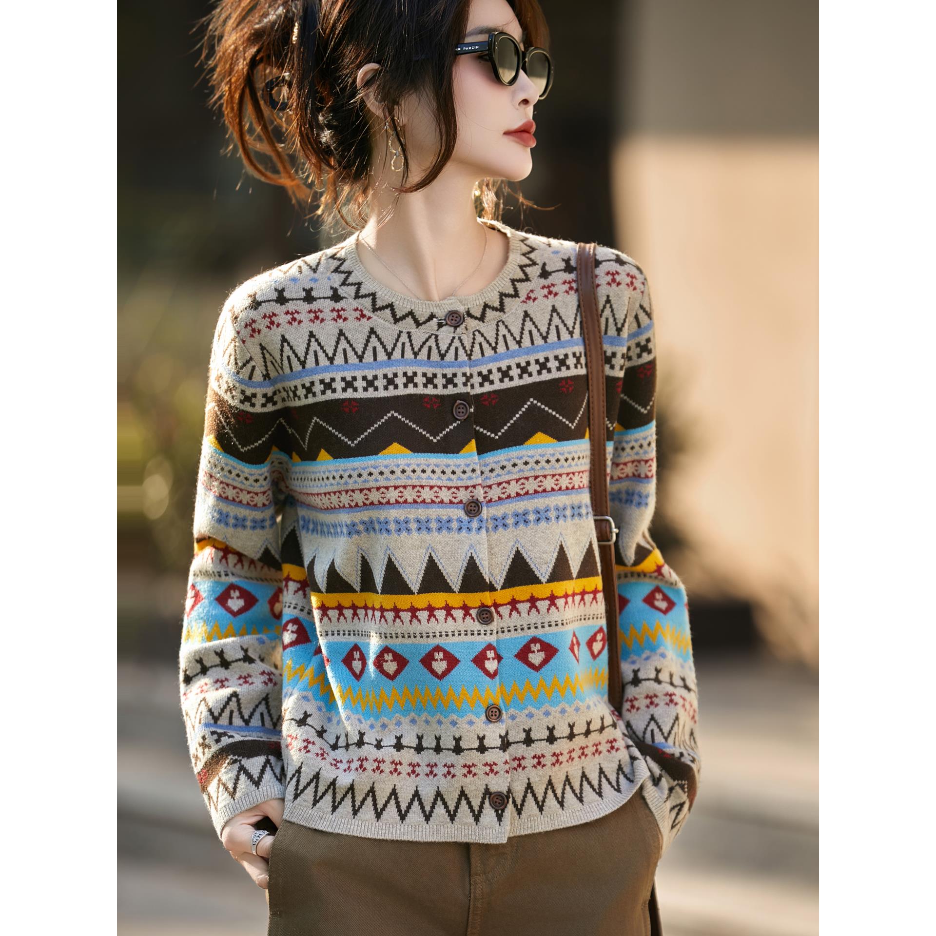 JOYIASS法式费尔岛提花针织开衫女2025新覆古民族风加厚保暖毛衣