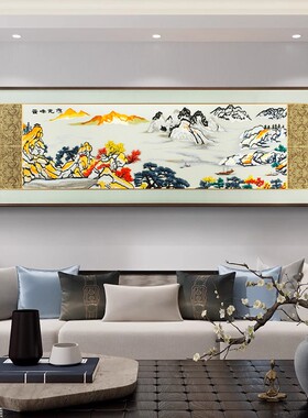 云峰竞秀新中式客厅装饰画刺绣实物山水画高档大气沙发背景墙挂画