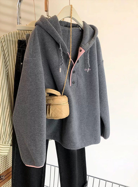 胖mm300斤大码灰色颗粒绒宽松连帽卫衣女秋冬新款百搭显瘦外套ins